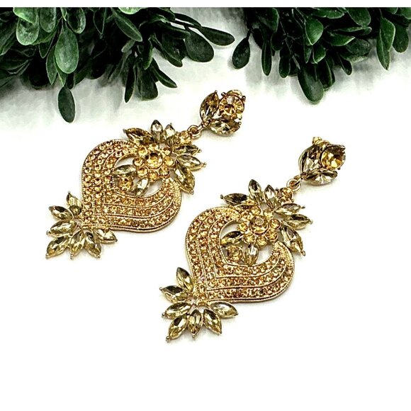 Gold-Tone Chandlier Rhinestone Floral Dangle Earrings - Picture 1 of 6